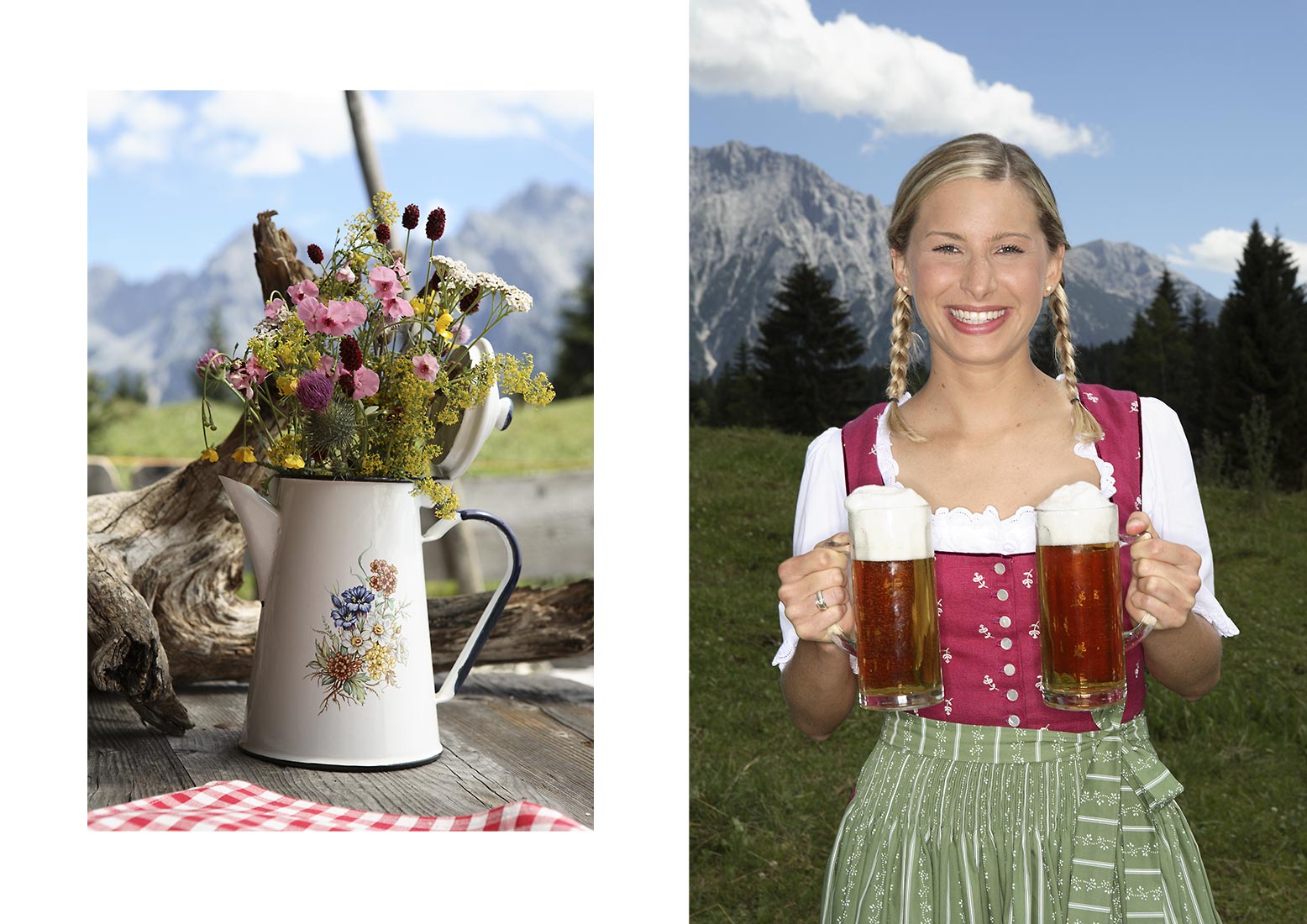 Junge Frau im Dirndl bringt frisches Bier zur Stärkung. Eine alte Kanne wird auf der Alm als Blumenvase umfunktioniert. Der Wiesenstrauss ist darin besonders schön | NIKKY MAIER photo - 03