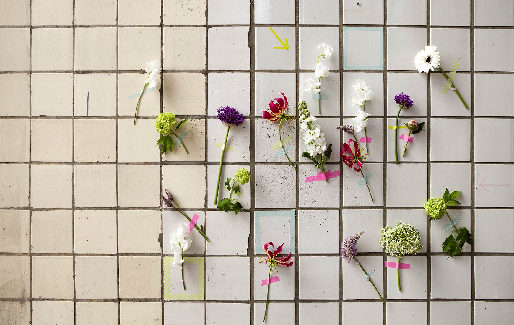 Eine ungewöhnliche aber kurzlebige Wanddekoration mit Maskingtape befestigte Blumen | NIKKY MAIER photo - 05